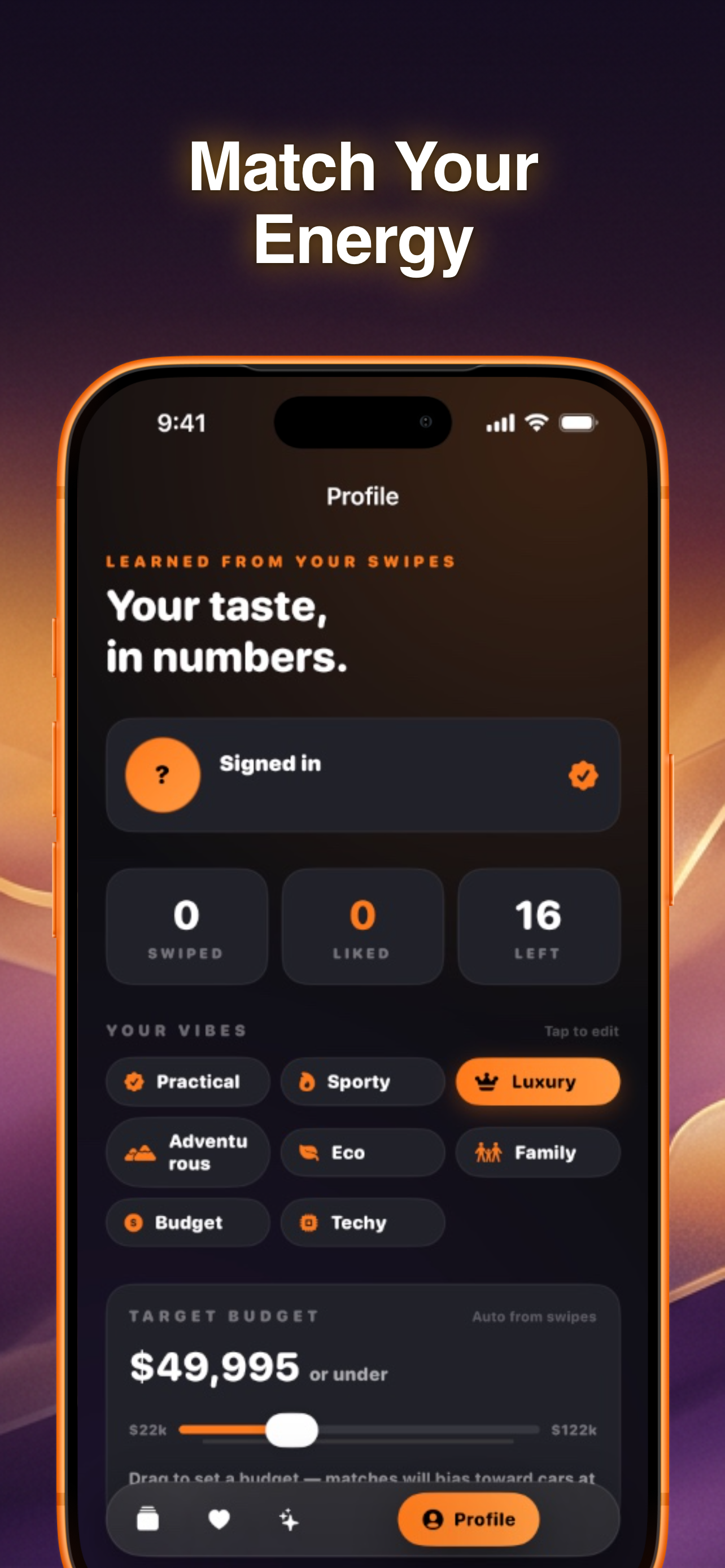 CarSwype Match vibe onboarding screen
