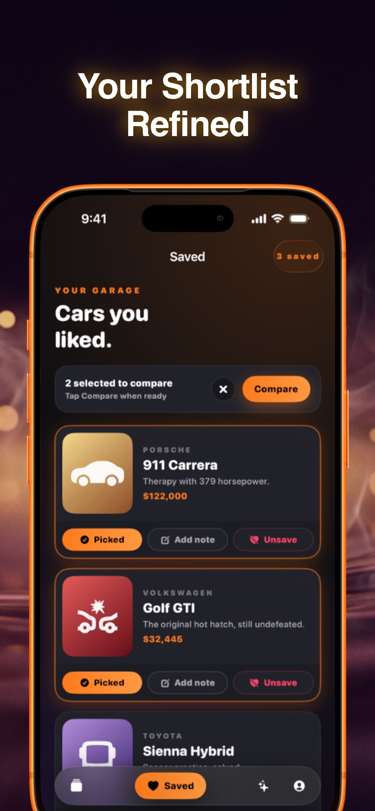 CarSwype Match saved cars screen with private notes