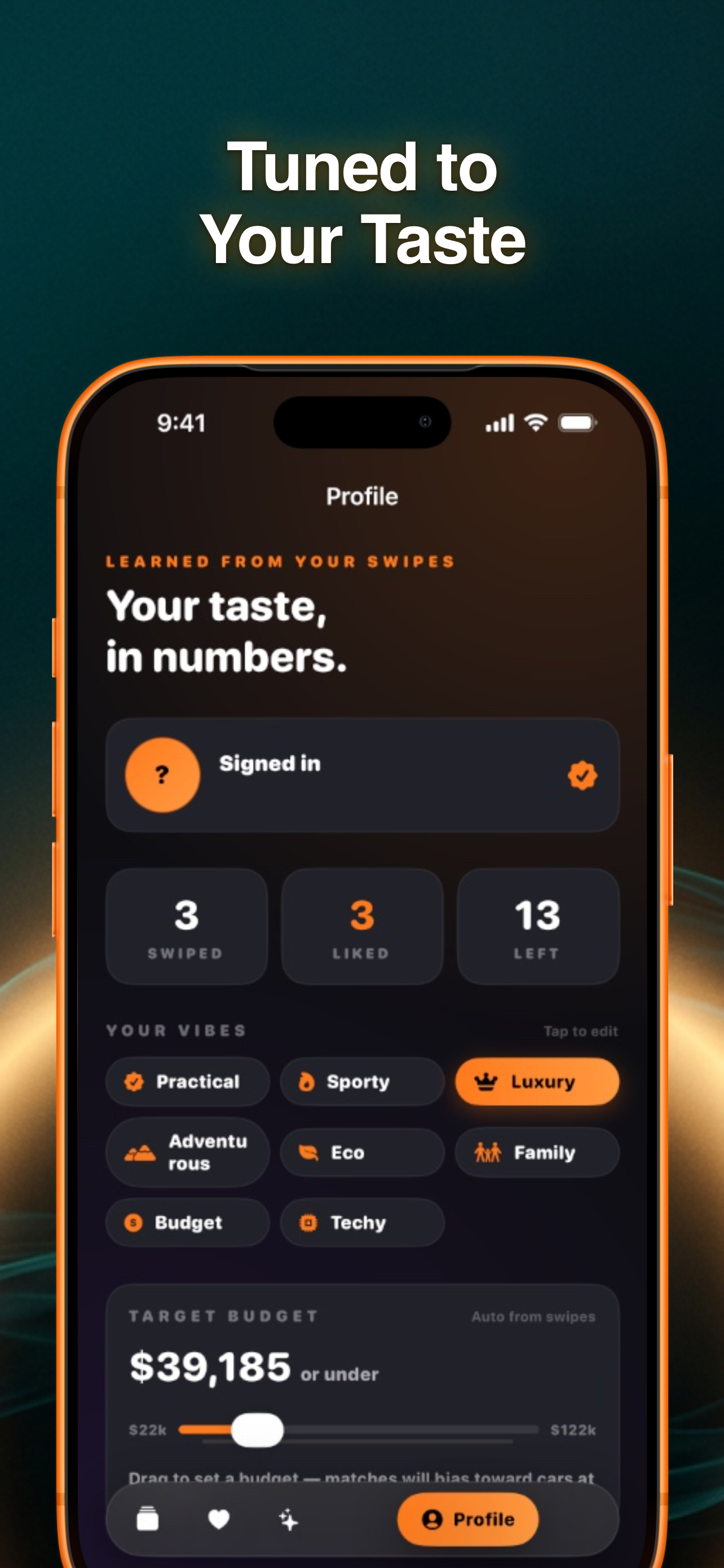 CarSwype Match profile screen with taste summary