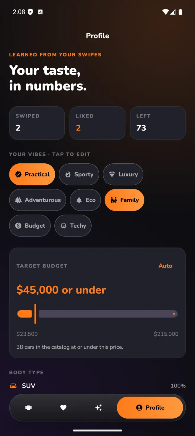CarSwype Match Profile screen with the target budget slider and live catalog count