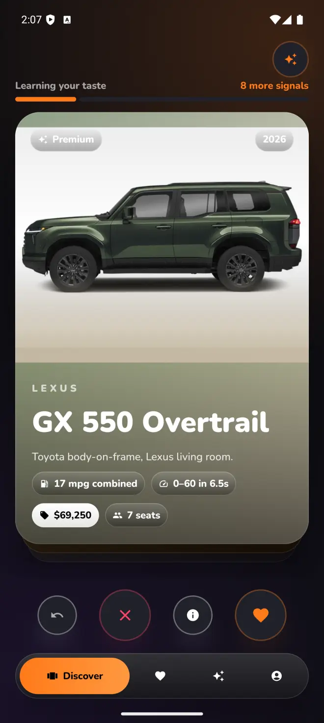 CarSwype Match Discover tab with a Lexus GX 550 swipe card, taste-signal progress bar, and like or pass actions